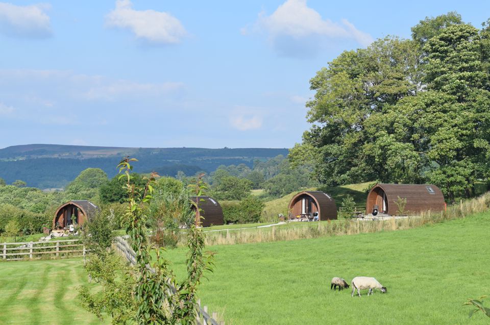Pods in the field with Peak District views