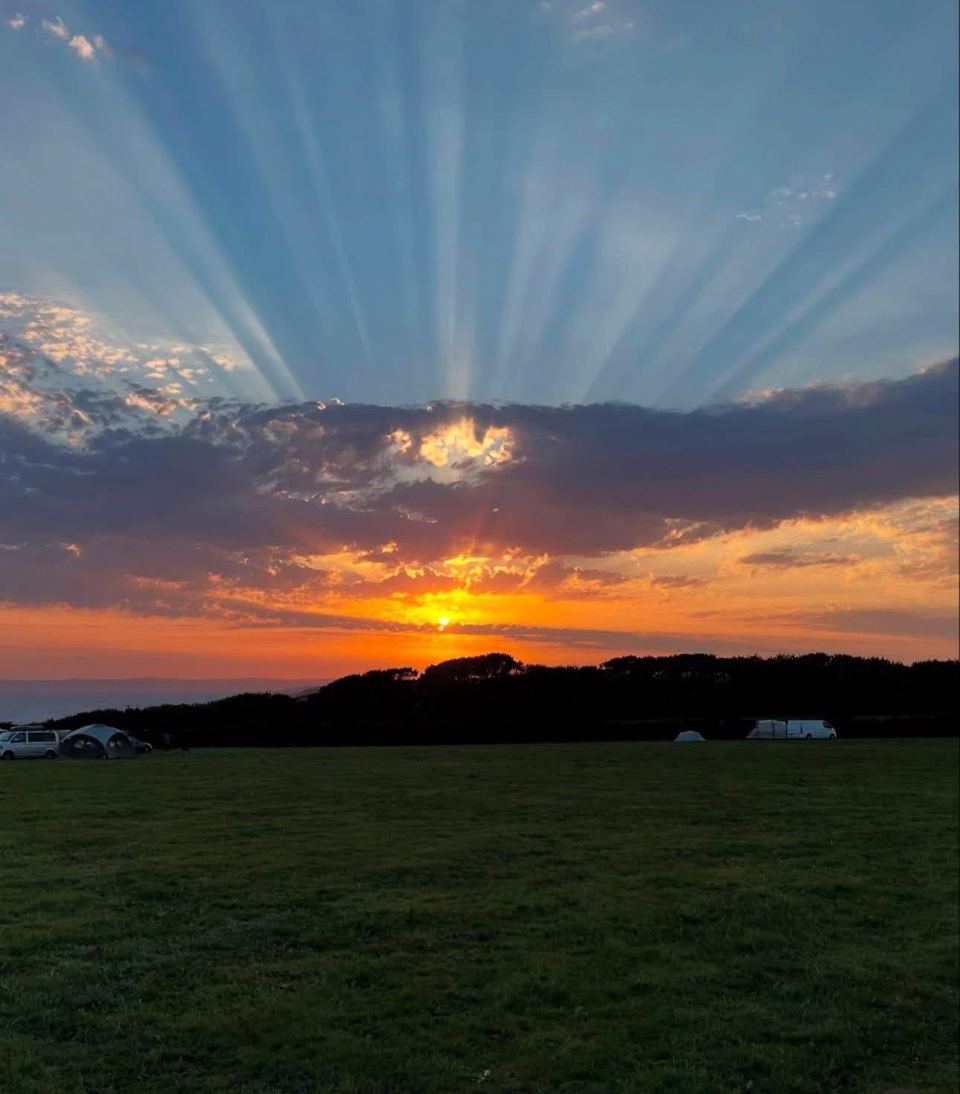 Sunbeams over the field at dusk