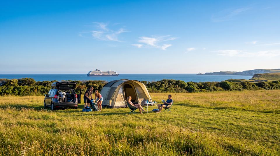 Tent on the field above the sea