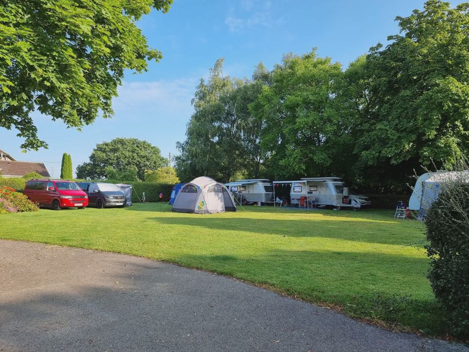 Grass pitches beside the lane