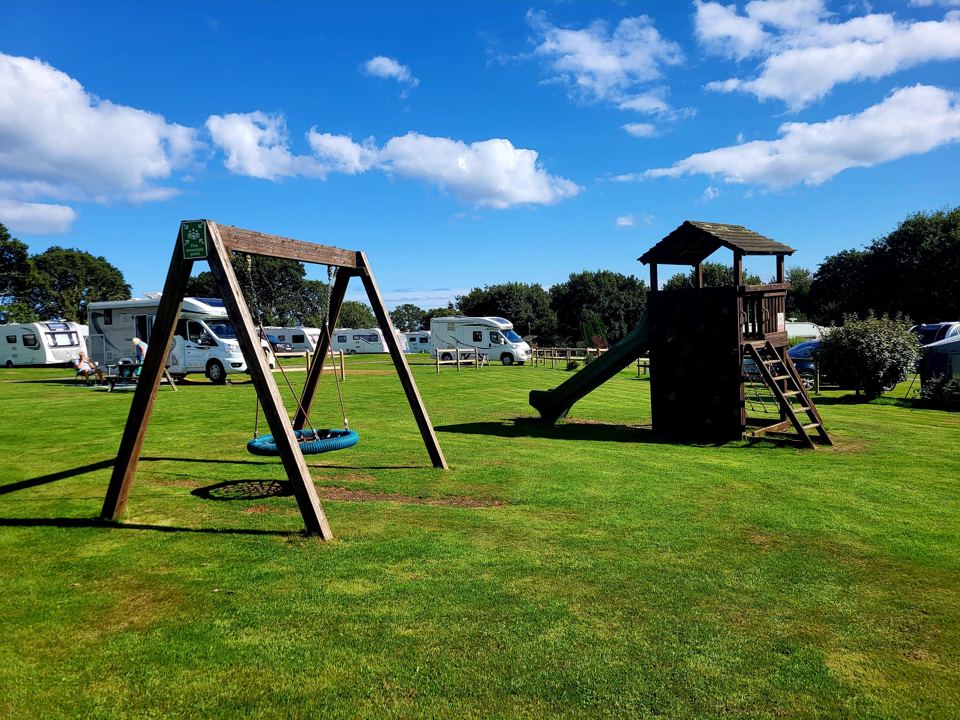 Swings and slide on the grass
