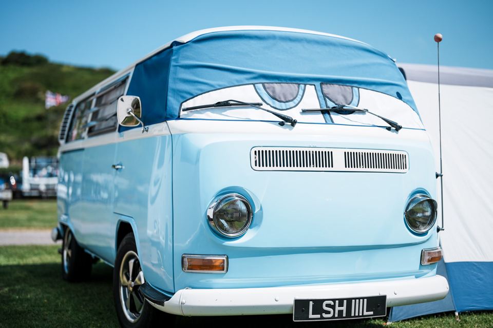 Blue campervan on the pitch