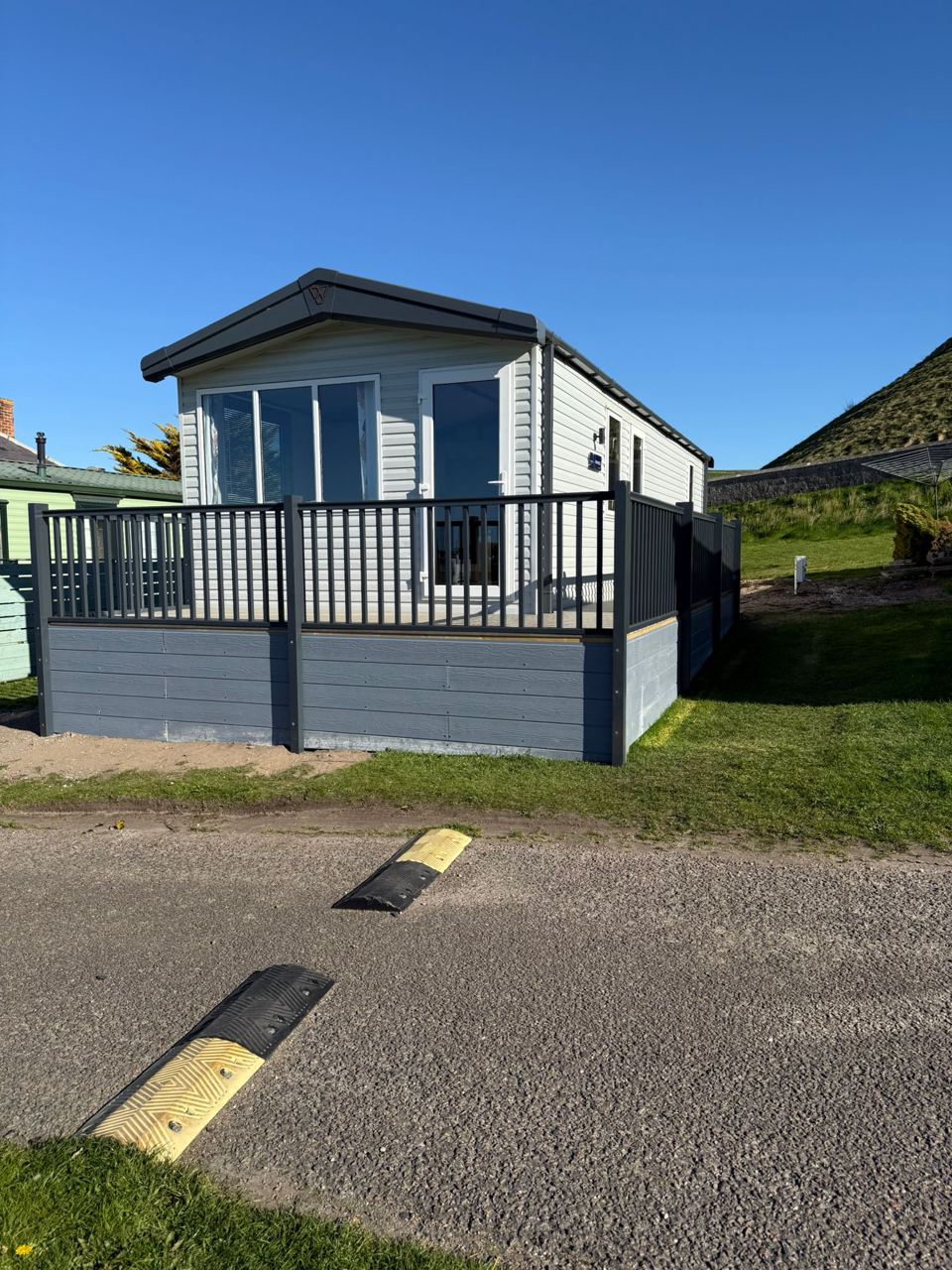 Static caravan with decking