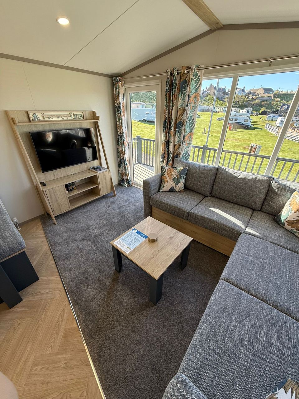 Static caravan lounge with sea view