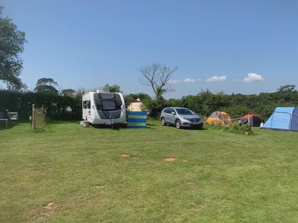 Caravan and tents on the grass