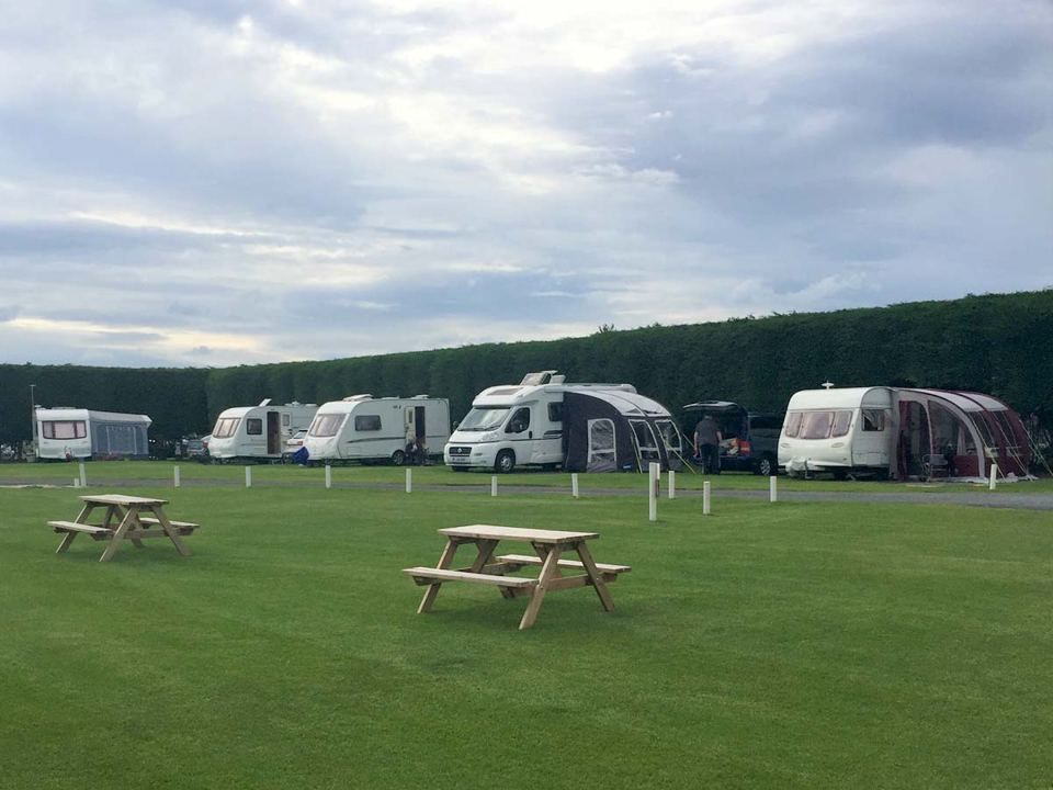 Level grass pitches by the hedge