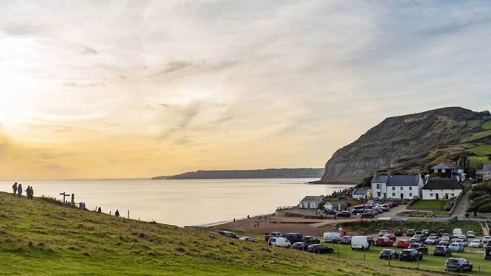 Seaside village and beach at dusk