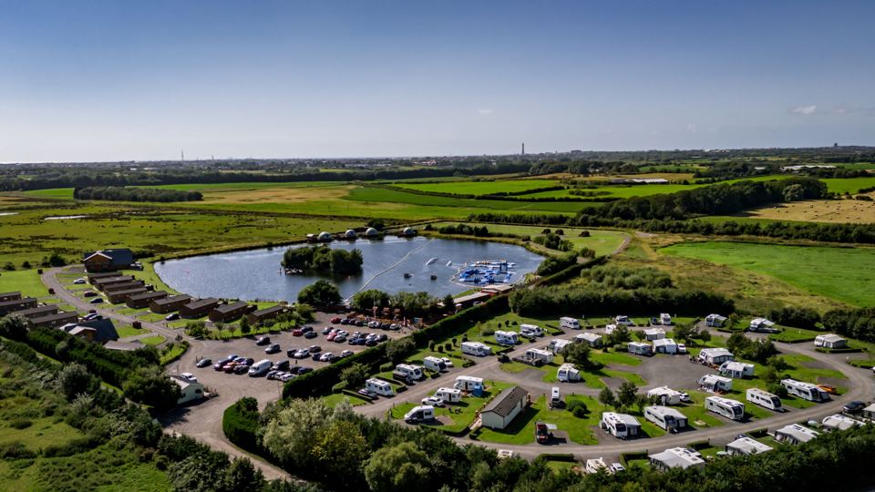 Touring field and lake from above