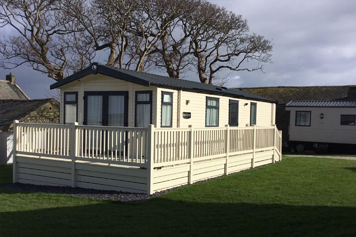 Static caravan with decking
