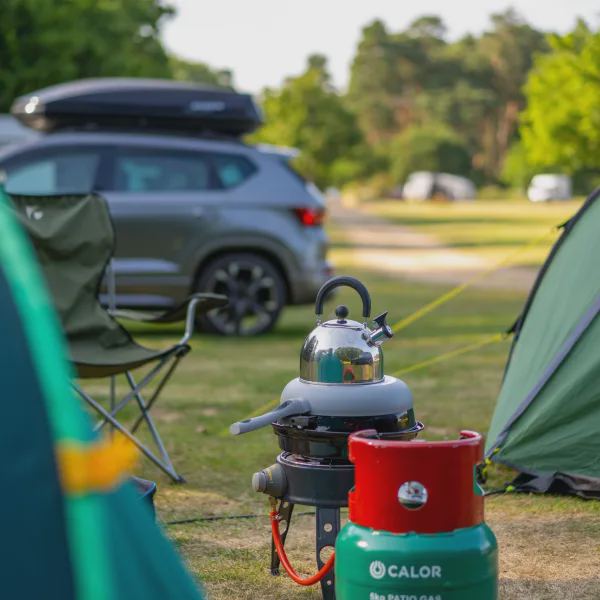 Camping stove outside a tent