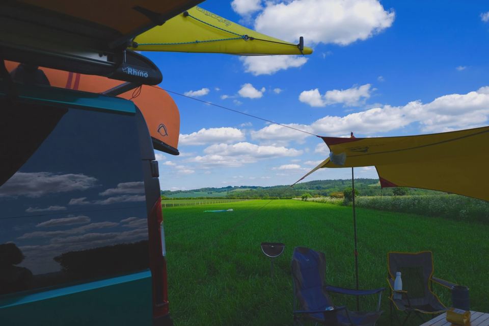 Campervan awning looking over the fields