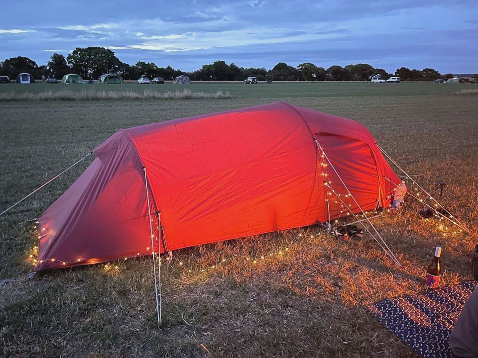 Lit-up tent at dusk