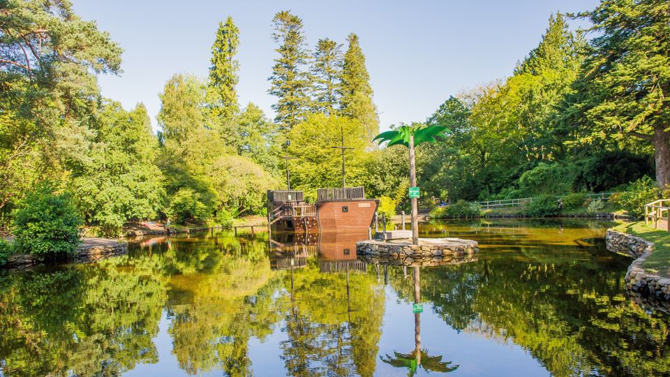 Pond with a waterwheel and trees