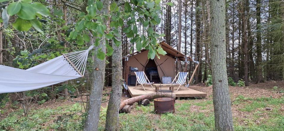 Tent with hammock and firebowl