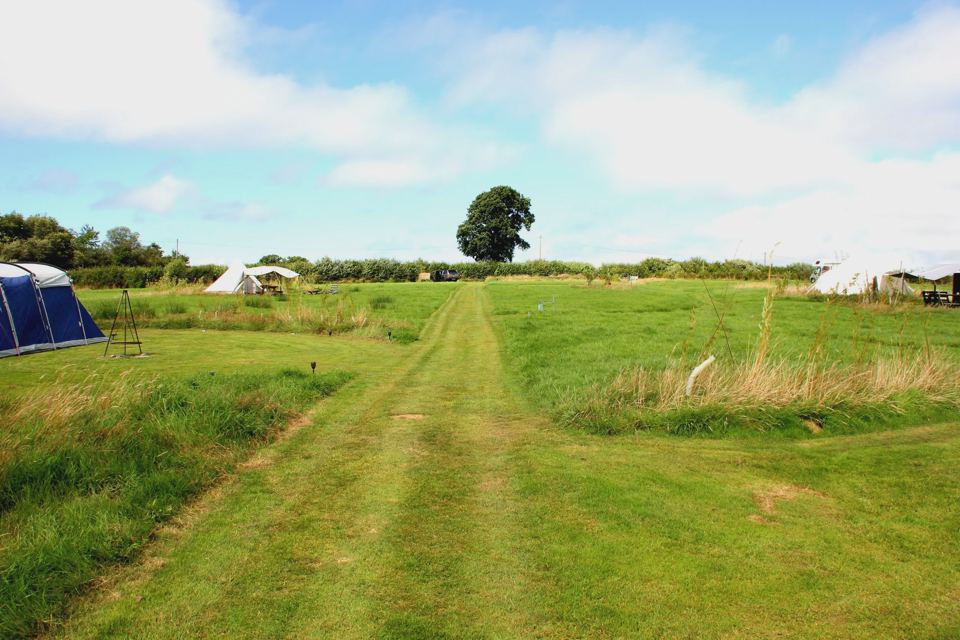 Meadow path with bell tents beyond