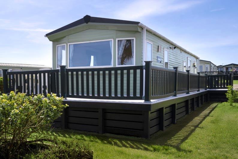 Static caravan with decking