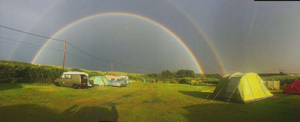 Tents and vans on the grass field