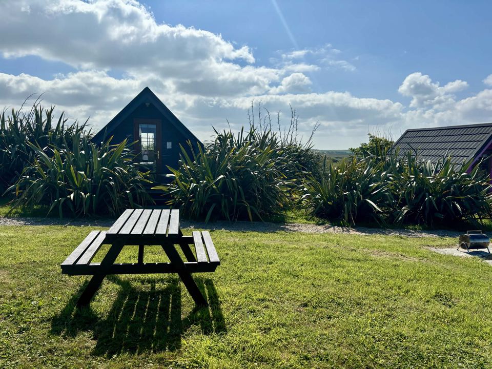 A-frame pod with picnic table