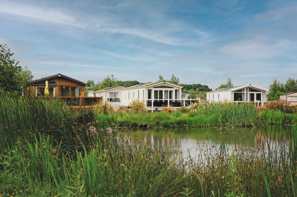 Caravans and lodges by a pond