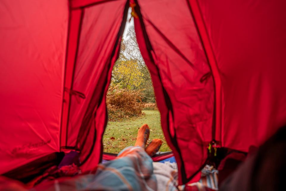 Looking out of a red tent