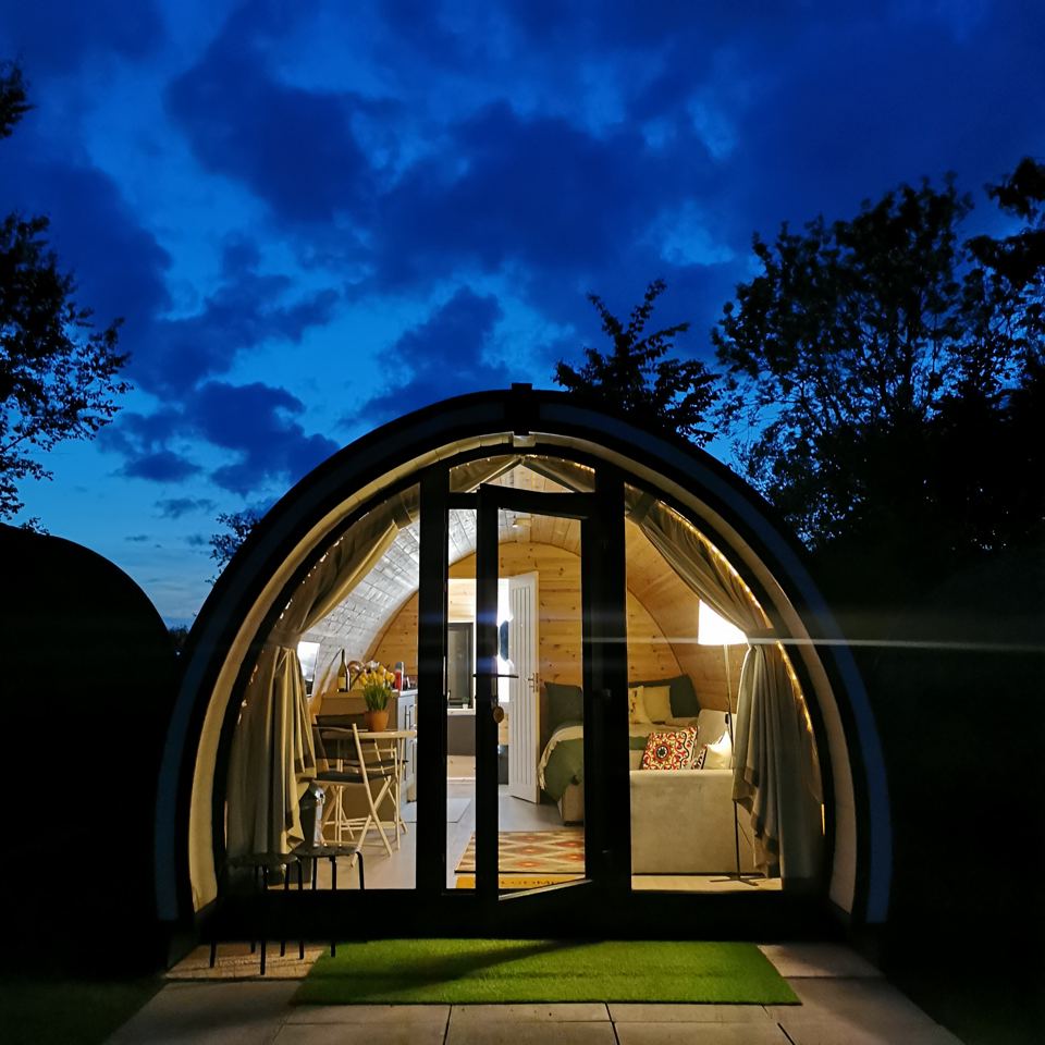 Glamping pod at dusk