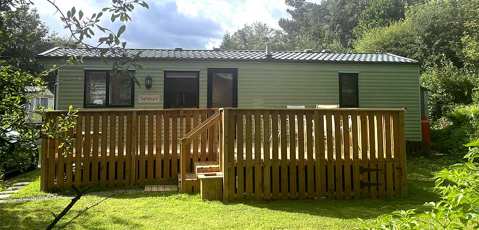 Static caravan with decking