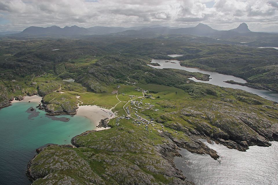 Aerial view over the bay and hills
