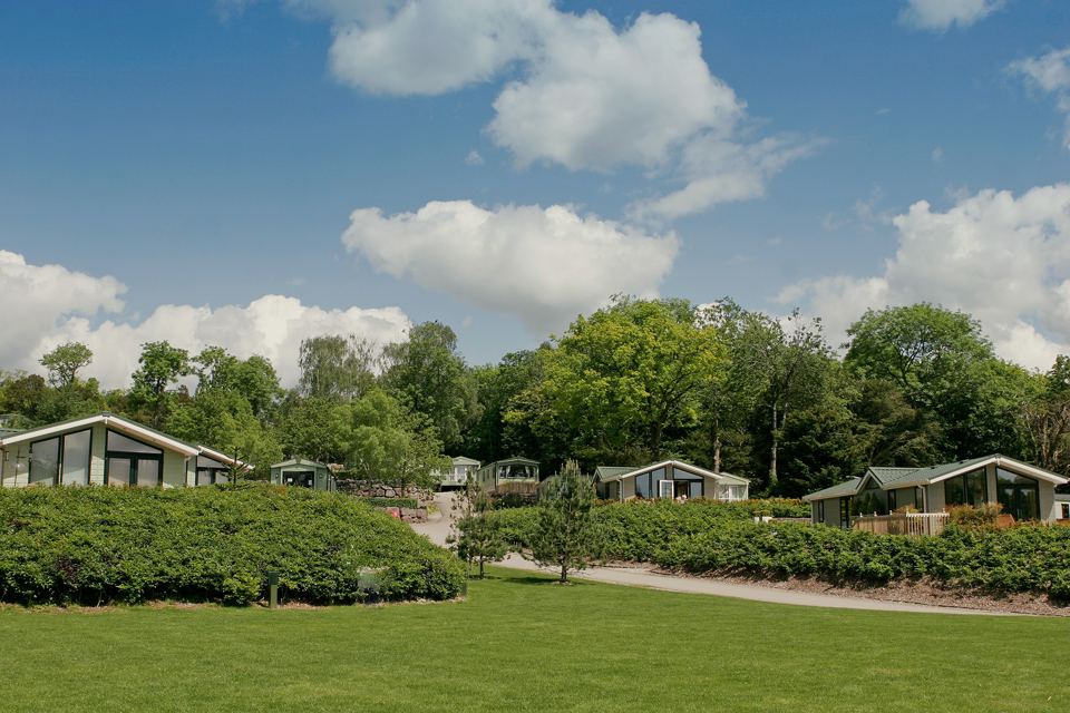 Lodges across the lawn among trees