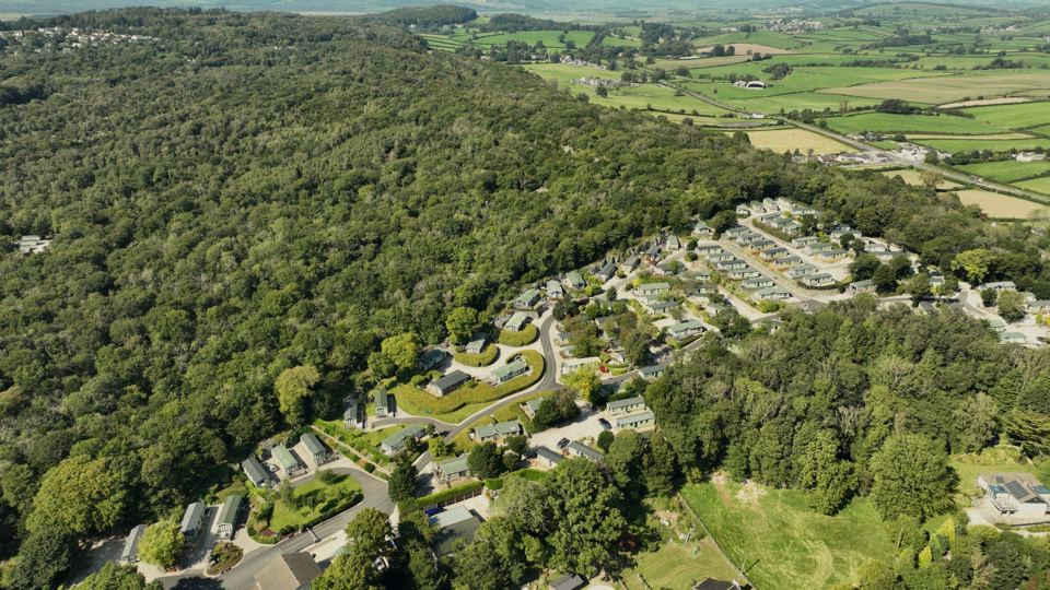 Aerial view of lodges in the woodland