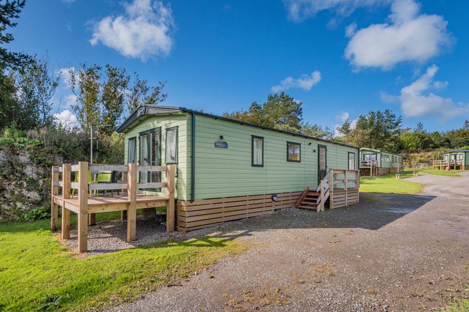 Static caravan with decking