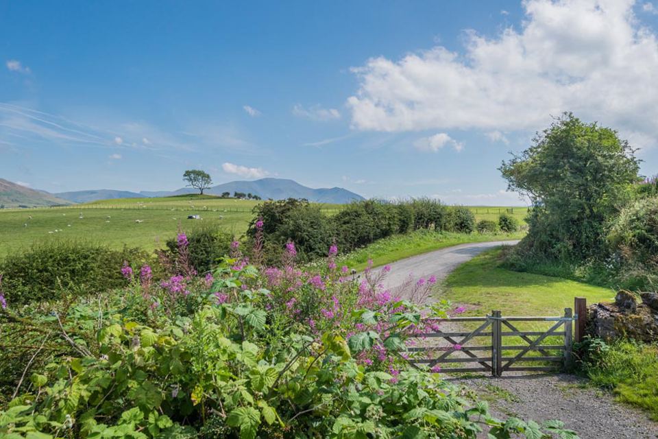 Lane and gate with hills beyond