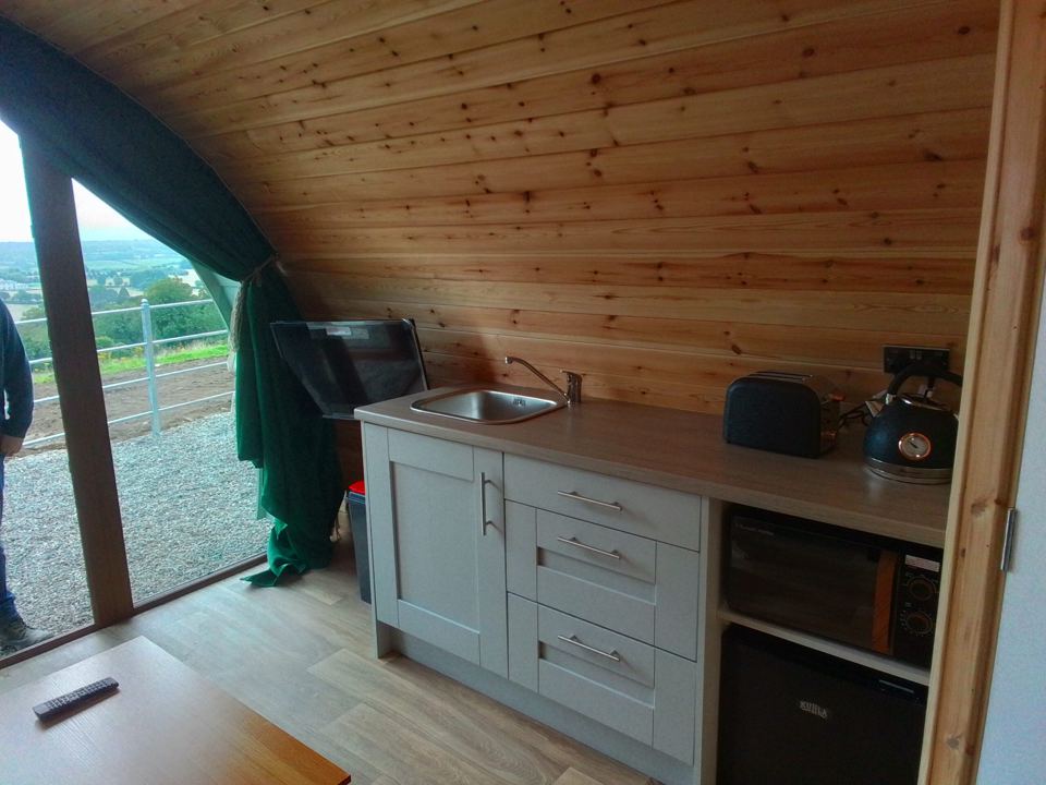 Pod kitchenette and view