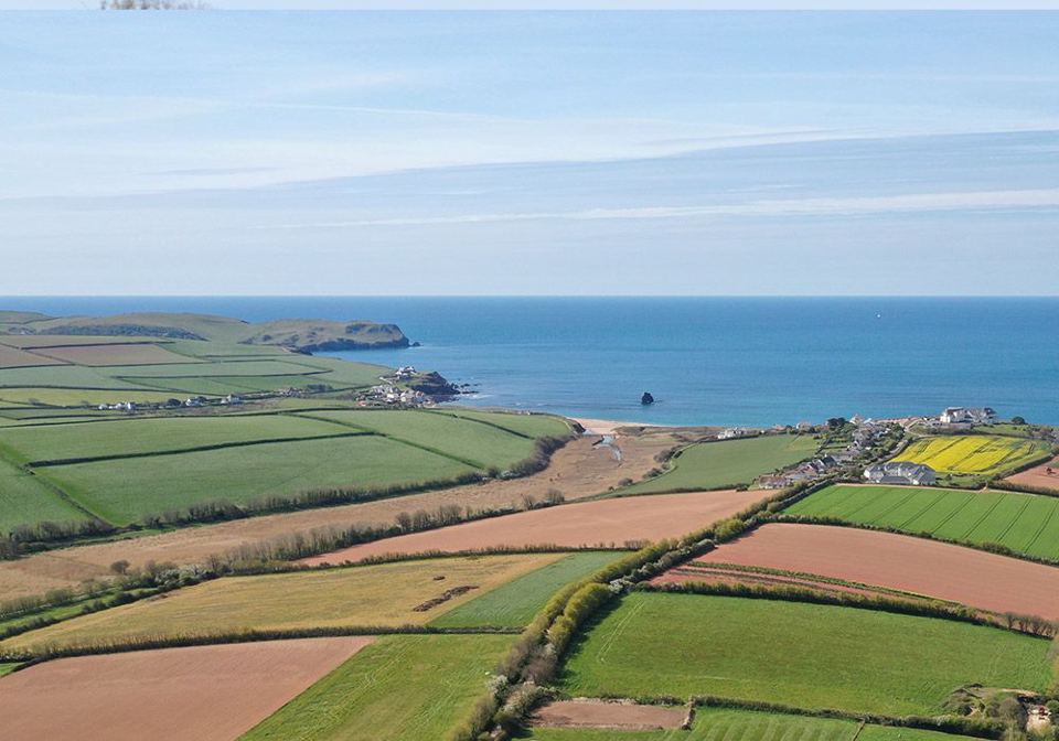 Aerial view of the coast and fields