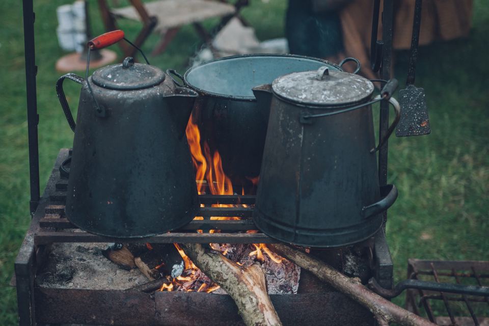 Kettles on a campfire