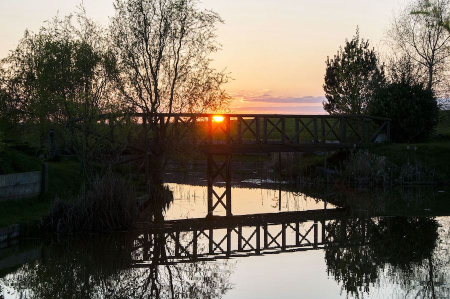 Sunset over the pond bridge