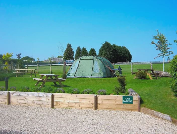 Tent pitch beside gravel parking
