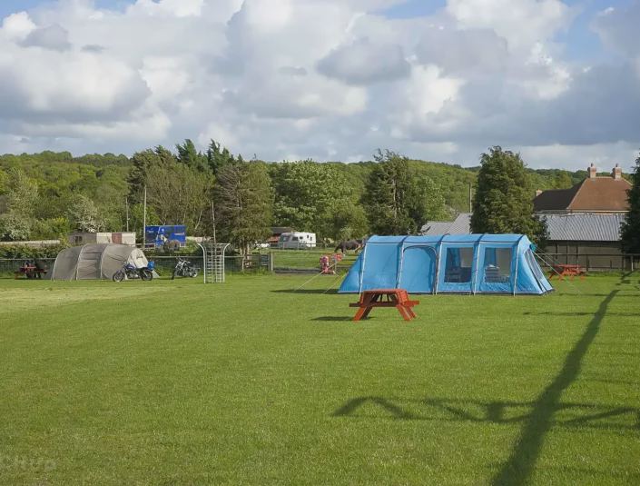 Family tent on the grass field
