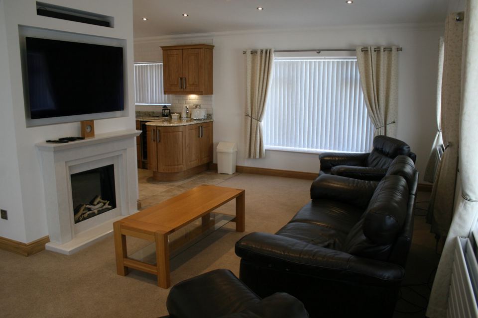 Lodge living room with fire