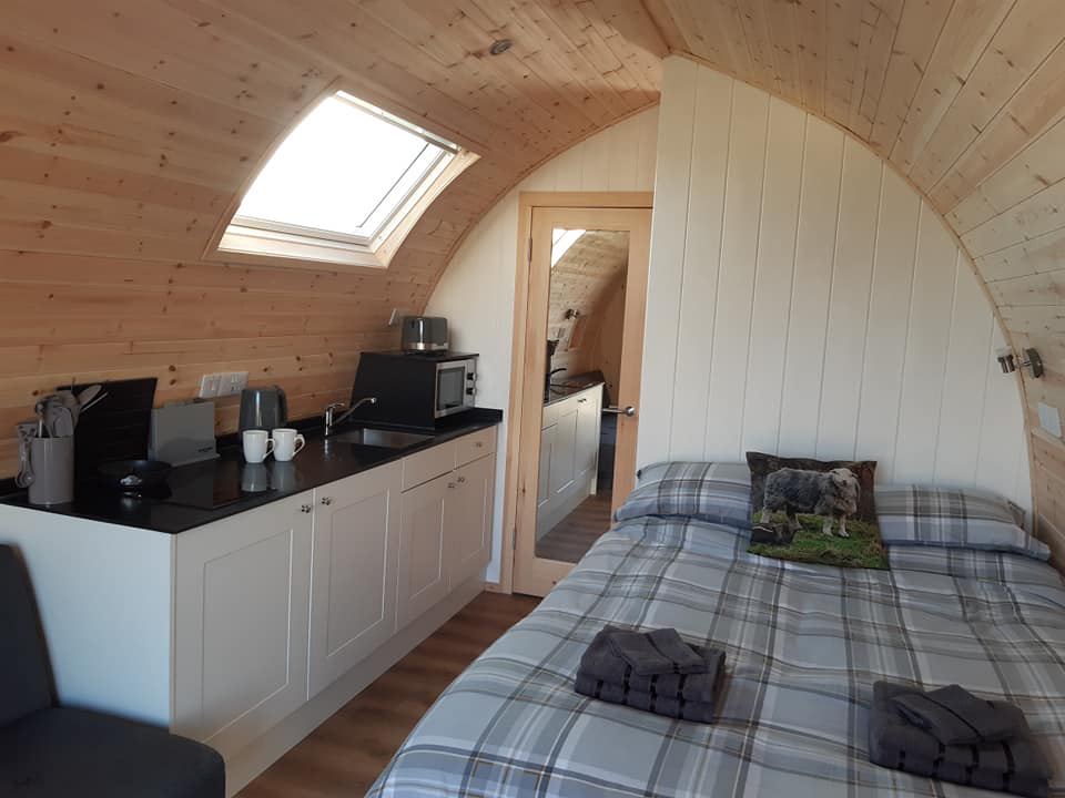Inside the pod with kitchenette and bed