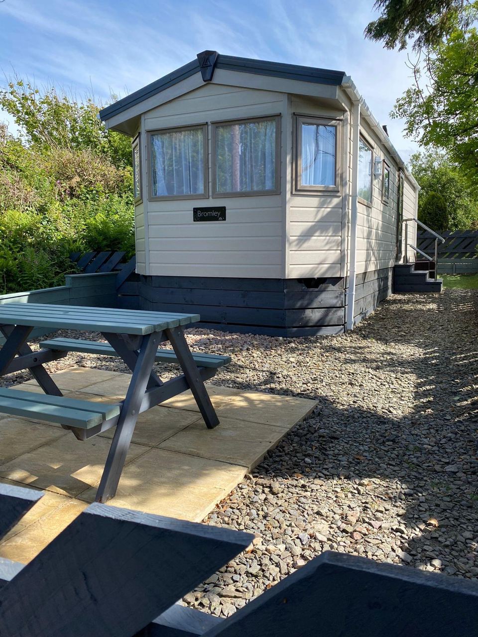 Static caravan with picnic table