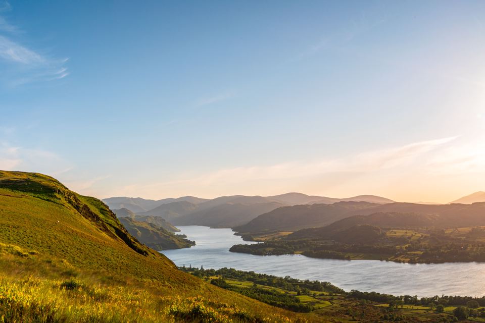 Lake and fells at sunset