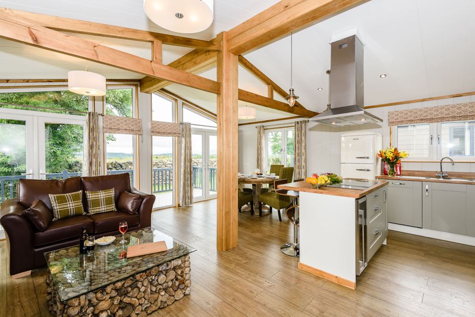 Open-plan kitchen and lounge with beams