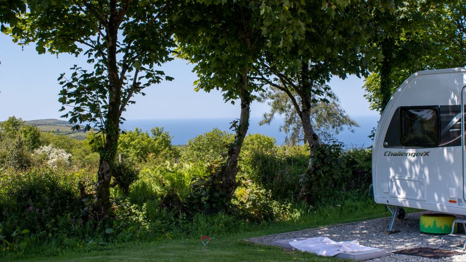 Caravan pitch under trees with sea view
