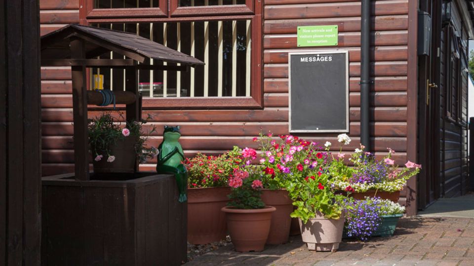 Reception building with flower pots