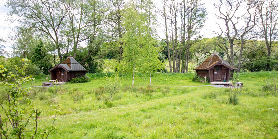 Small cabins across a meadow
