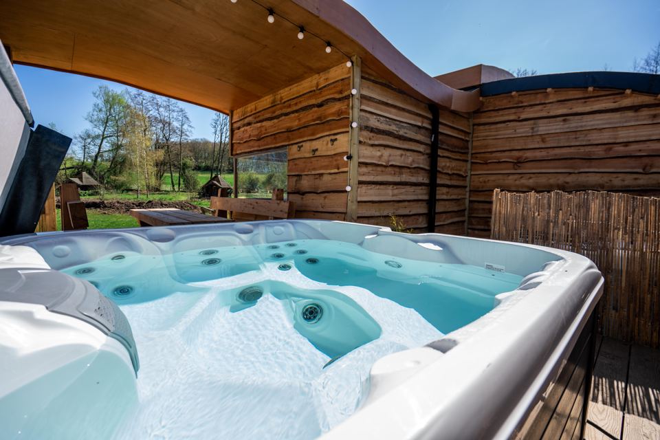 Hot tub on a cabin deck