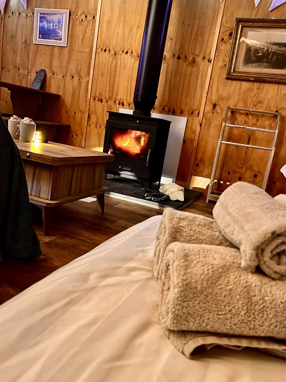 Cabin interior with log burner