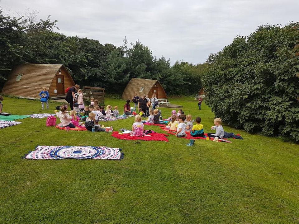 Wigwam pods and grassy field