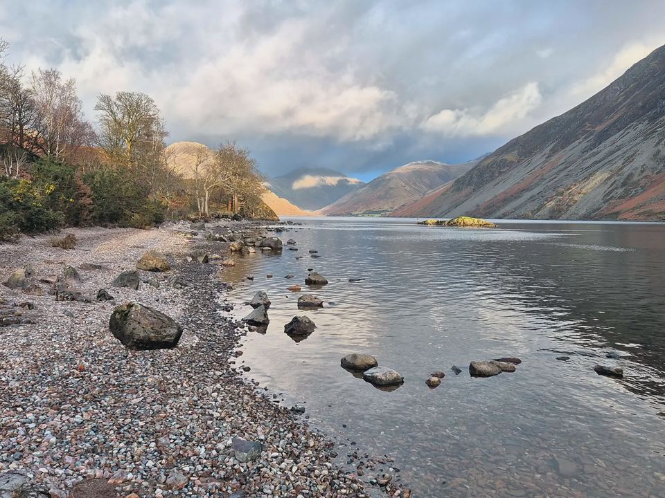 Lake shore with mountains