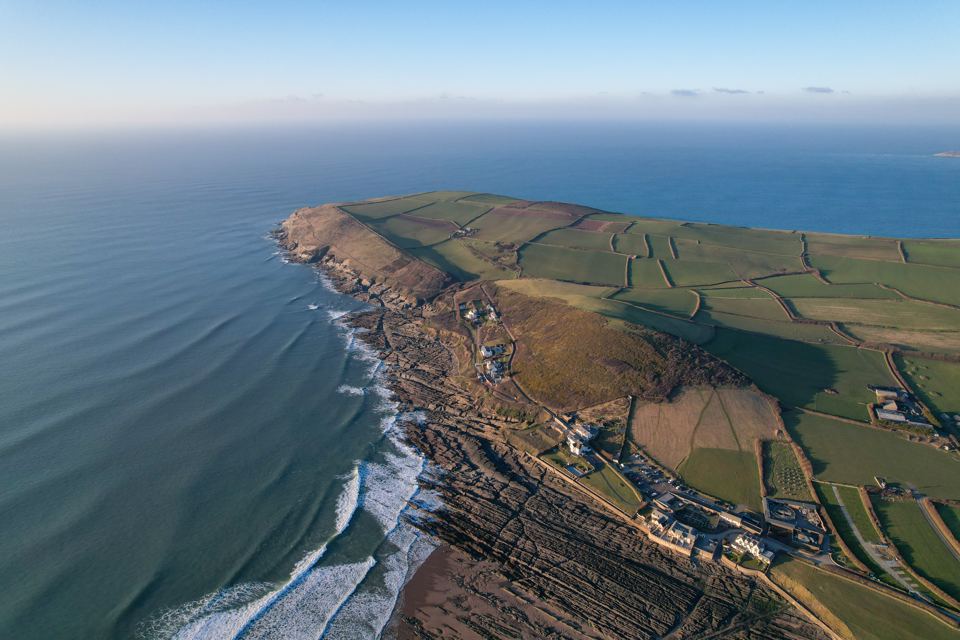 Aerial view of the coast and fields